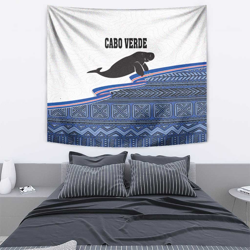 Cape Verde manatee tapestry with black silhouette and blue patterned bands on white