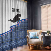 Cape Verde manatee curtain panel in white with Cabo Verde text and blue patterned lower section