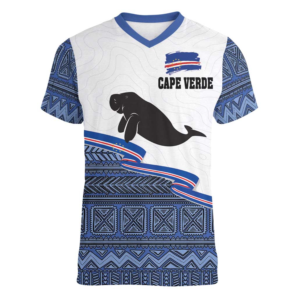 Cape Verde Manatee Women V-Neck T-Shirt Pattern With Flag Color - Wonder Print Shop