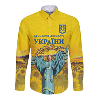 Yellow long-sleeve button shirt, front Independence Day print with blue emblem
