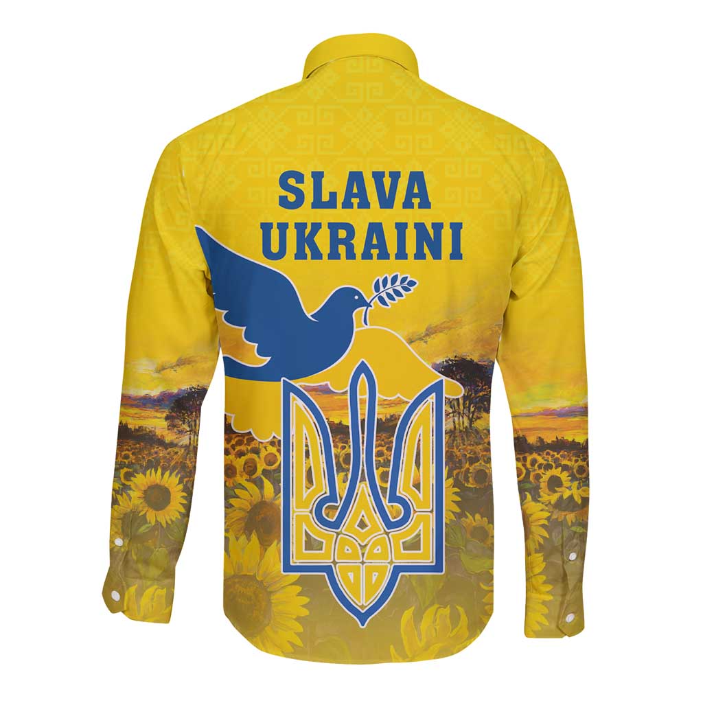 Yellow long-sleeve button shirt, back Slava Ukraini print with blue trident emblem
