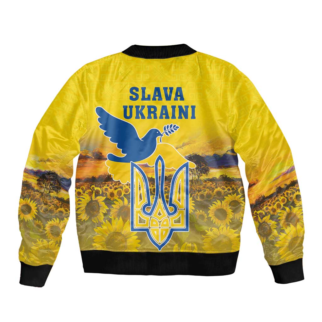 Unisex yellow bomber jacket with 'Slava Ukraini' back print and sunflower graphic