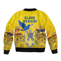 Unisex yellow bomber jacket with 'Slava Ukraini' back print and sunflower graphic