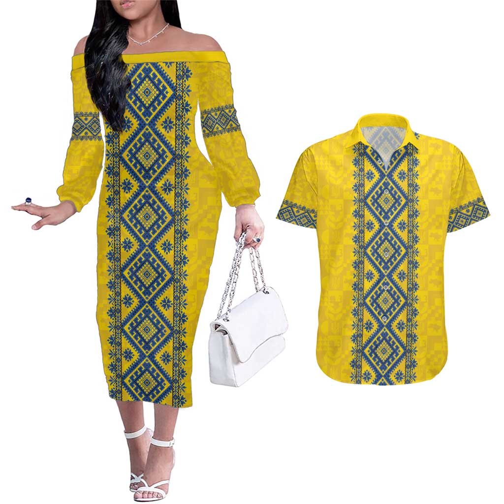 Blue Ukraine Folk Patterns Couples Matching Off The Shoulder Long Sleeve Dress and Hawaiian Shirt Simple Style