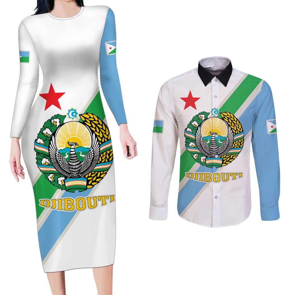 Djibouti Coat Of Arms Couples Matching Long Sleeve Bodycon Dress and Long Sleeve Button Shirt With Flag Style - Wonder Print Shop