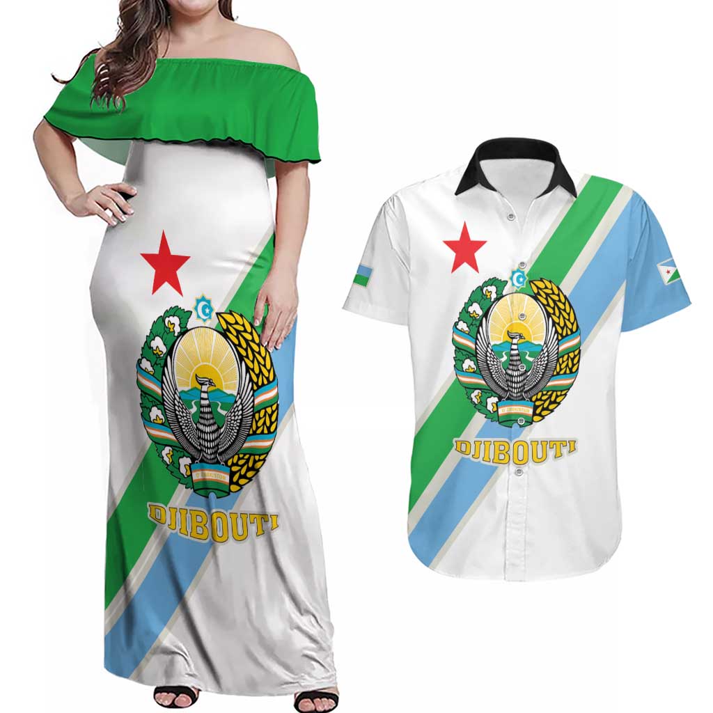 Djibouti Coat Of Arms Couples Matching Off Shoulder Maxi Dress and Hawaiian Shirt With Flag Style - Wonder Print Shop