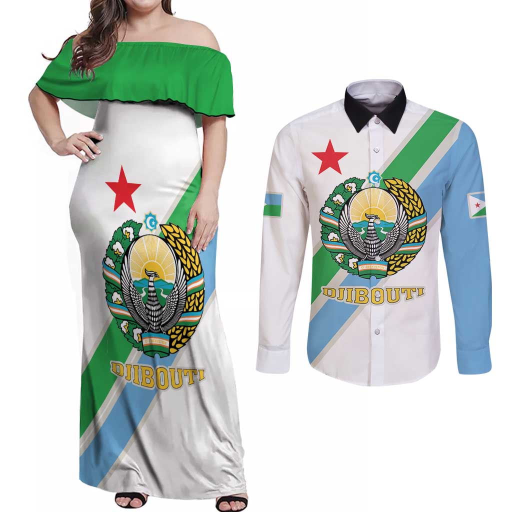 Djibouti Coat Of Arms Couples Matching Off Shoulder Maxi Dress and Long Sleeve Button Shirt With Flag Style - Wonder Print Shop