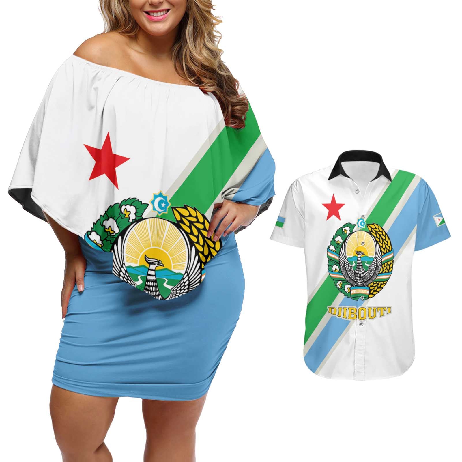 Djibouti Coat Of Arms Couples Matching Off Shoulder Short Dress and Hawaiian Shirt With Flag Style - Wonder Print Shop