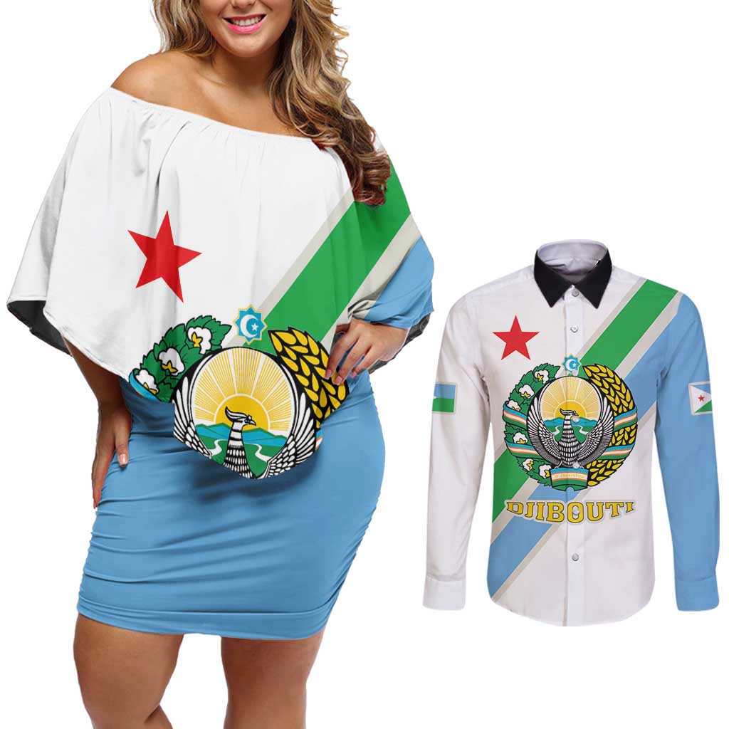 Djibouti Coat Of Arms Couples Matching Off Shoulder Short Dress and Long Sleeve Button Shirt With Flag Style - Wonder Print Shop