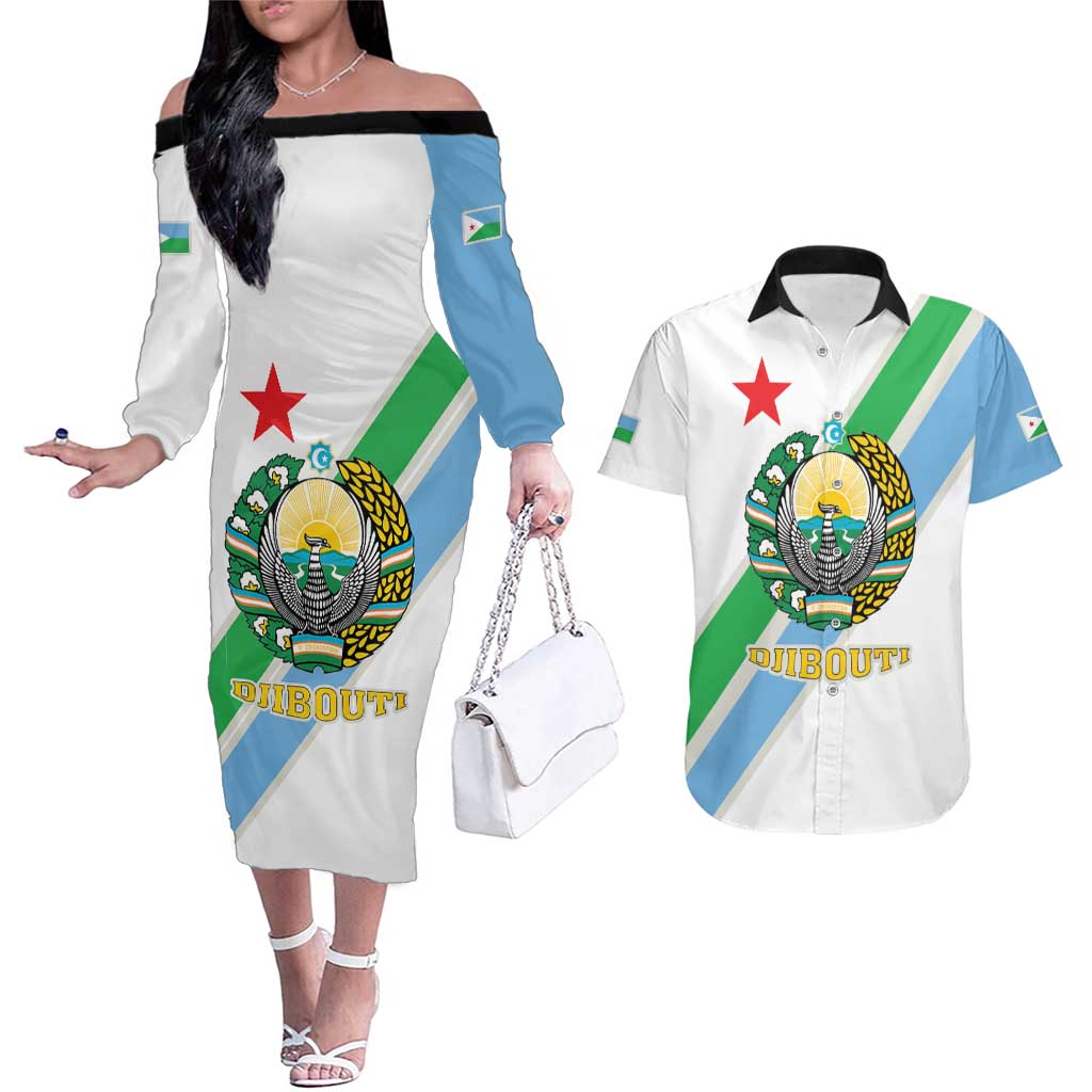 Djibouti Coat Of Arms Couples Matching Off The Shoulder Long Sleeve Dress and Hawaiian Shirt With Flag Style - Wonder Print Shop