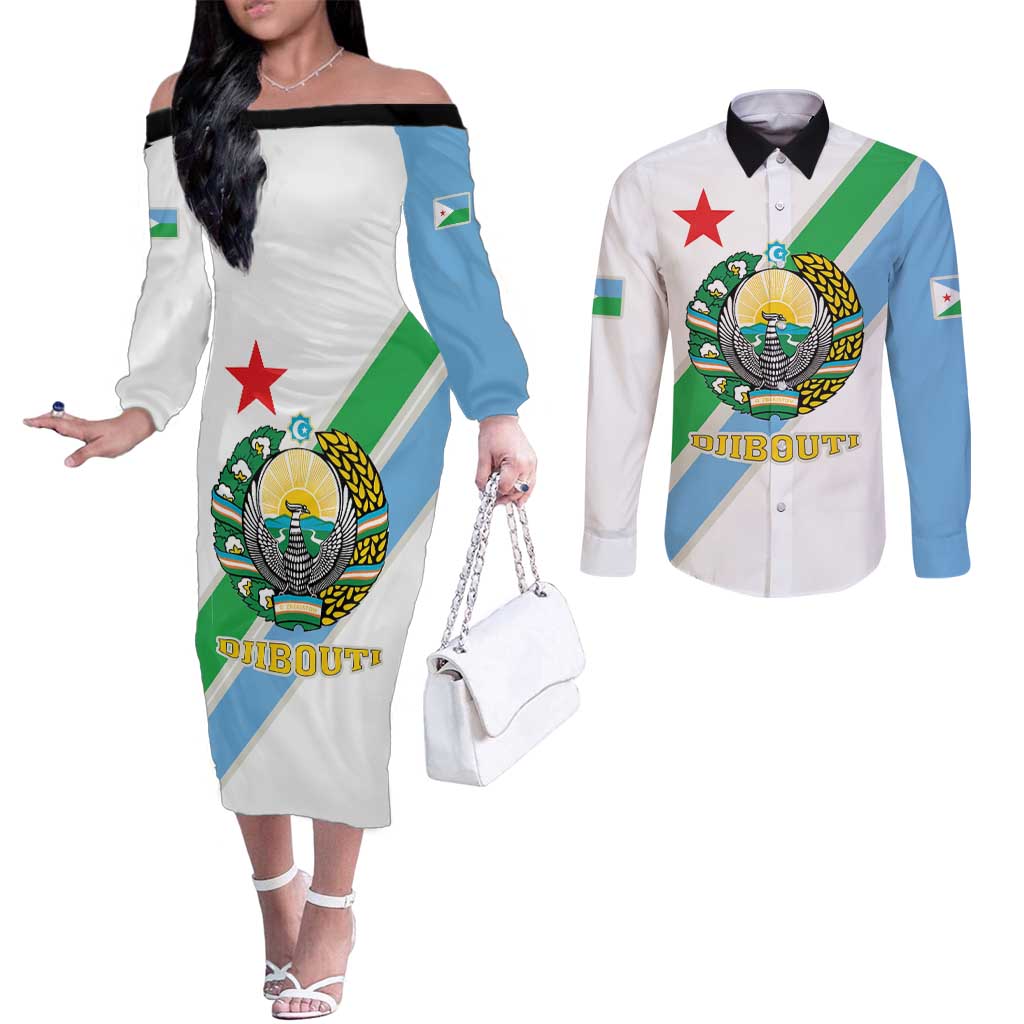 Djibouti Coat Of Arms Couples Matching Off The Shoulder Long Sleeve Dress and Long Sleeve Button Shirt With Flag Style