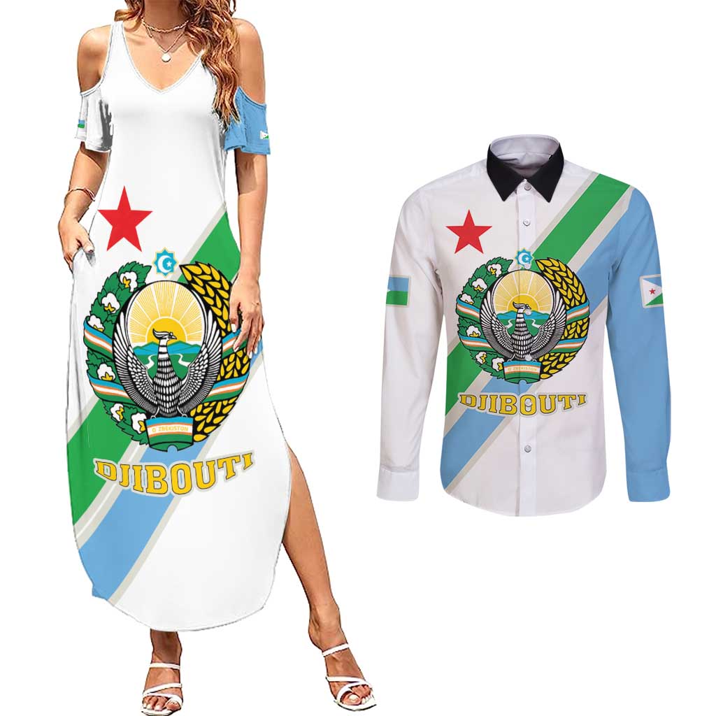 Djibouti Coat Of Arms Couples Matching Summer Maxi Dress and Long Sleeve Button Shirt With Flag Style - Wonder Print Shop