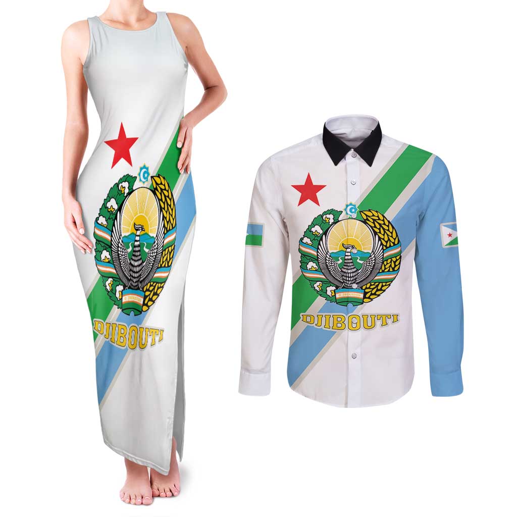 Djibouti Coat Of Arms Couples Matching Tank Maxi Dress and Long Sleeve Button Shirt With Flag Style - Wonder Print Shop