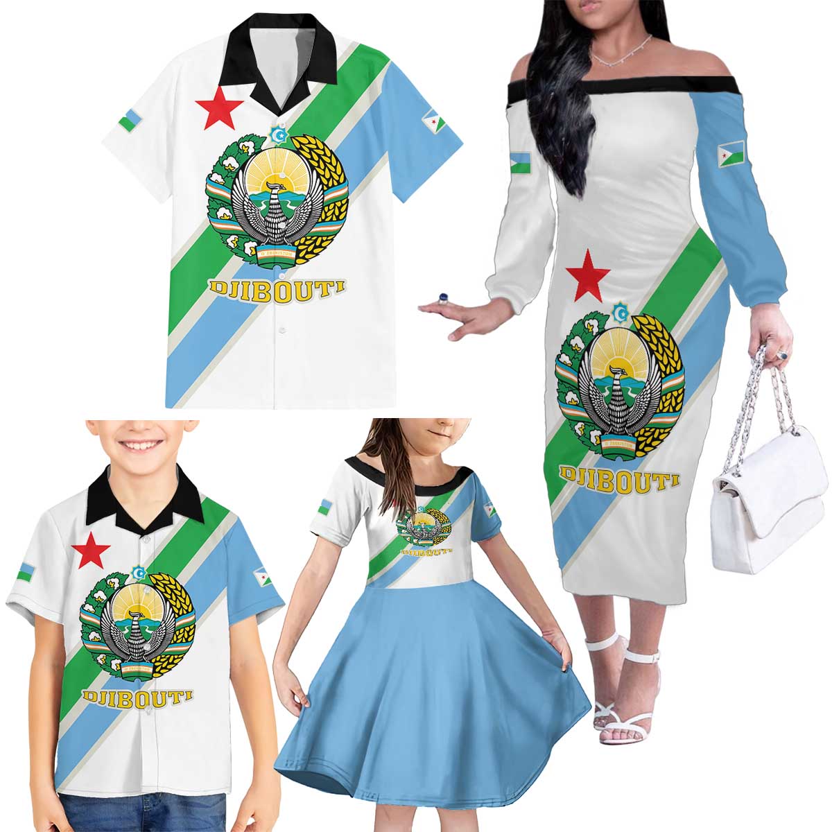 Djibouti Coat Of Arms Family Matching Off The Shoulder Long Sleeve Dress and Hawaiian Shirt With Flag Style - Wonder Print Shop