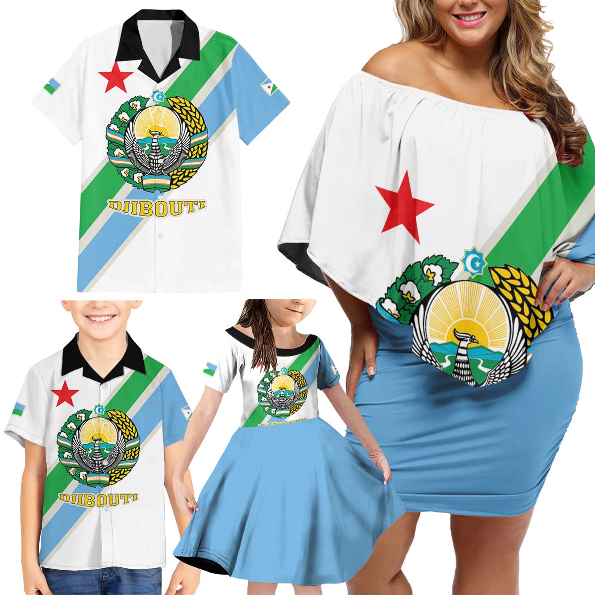 Djibouti Coat Of Arms Family Matching Off Shoulder Short Dress and Hawaiian Shirt With Flag Style - Wonder Print Shop