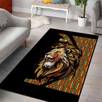 Black lion face area rug with colorful geometric frame