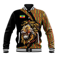 Black varsity jacket with patterned sleeves, lion face graphic, striped ribbed collar/cuffs.