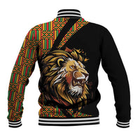 Black varsity jacket back with large lion graphic, colorful patterned sleeves, striped ribbed hem.