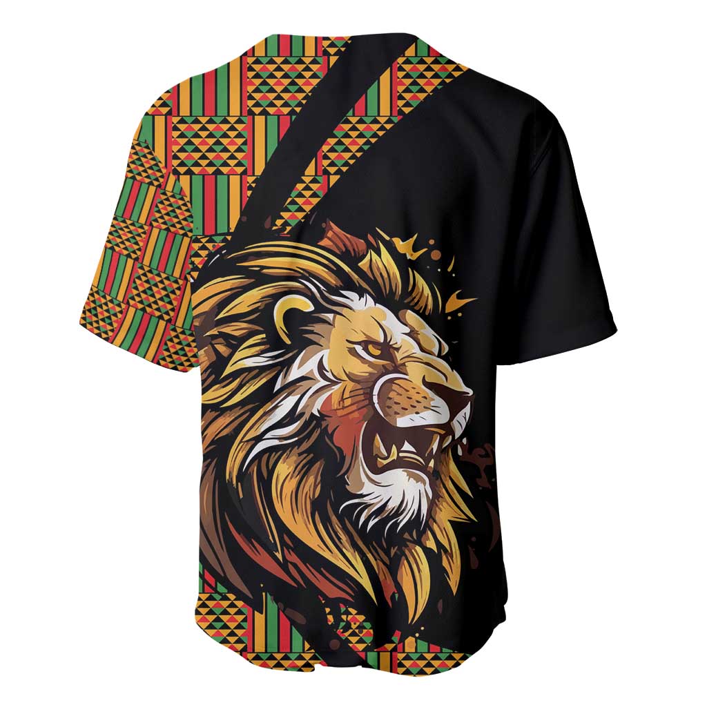 Black baseball jersey with colorful Ethiopian pattern and large lion graphic on back