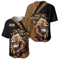 Black baseball jersey with Ethiopian geometric paneling and lion graphic, front and back
