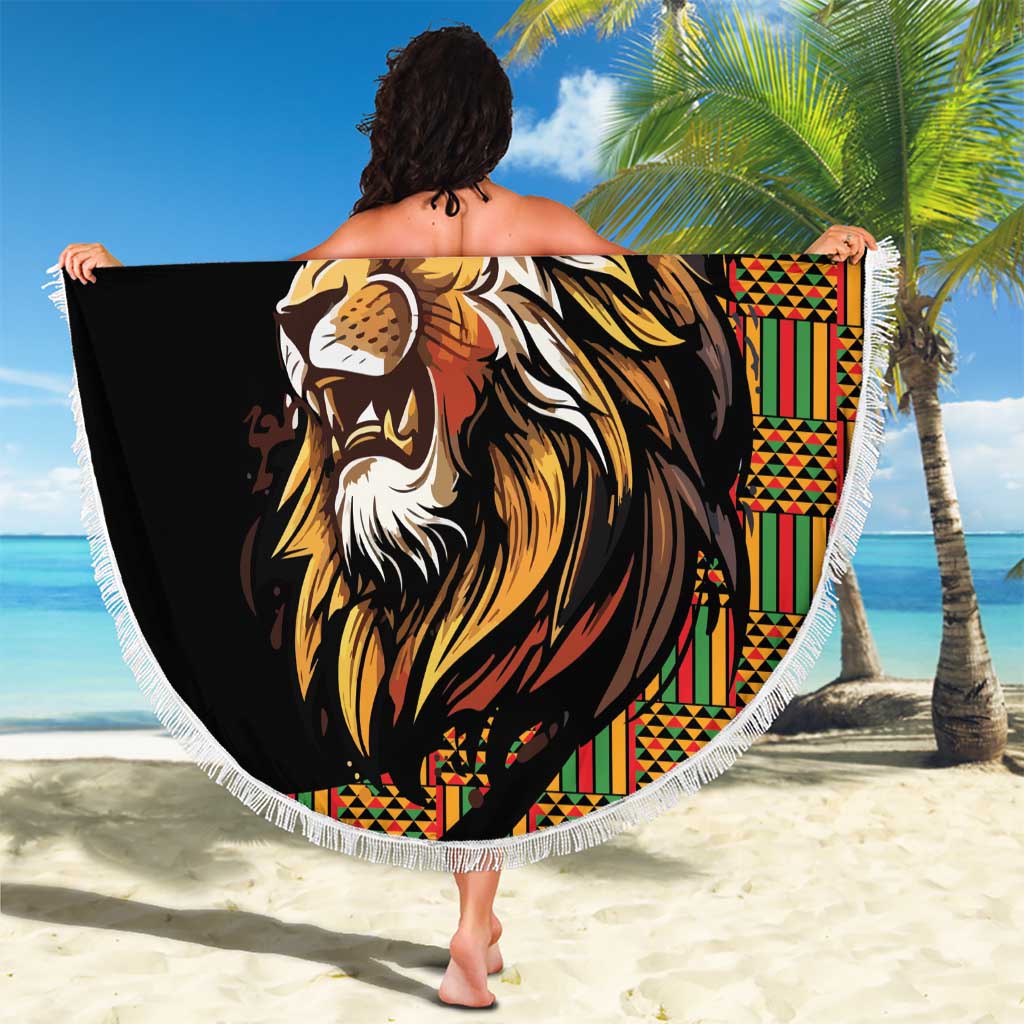 Round lion beach blanket, black with colorful border stripes and white fringe edge