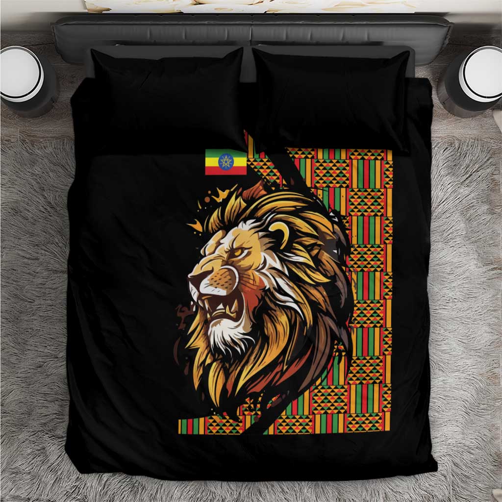Black bedding set close-up with detailed lion head and colorful patterned panel