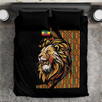 Black bedding set close-up with detailed lion head and colorful patterned panel