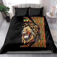Black bedding set with lion artwork, colorful geometric panel, and two matching pillows