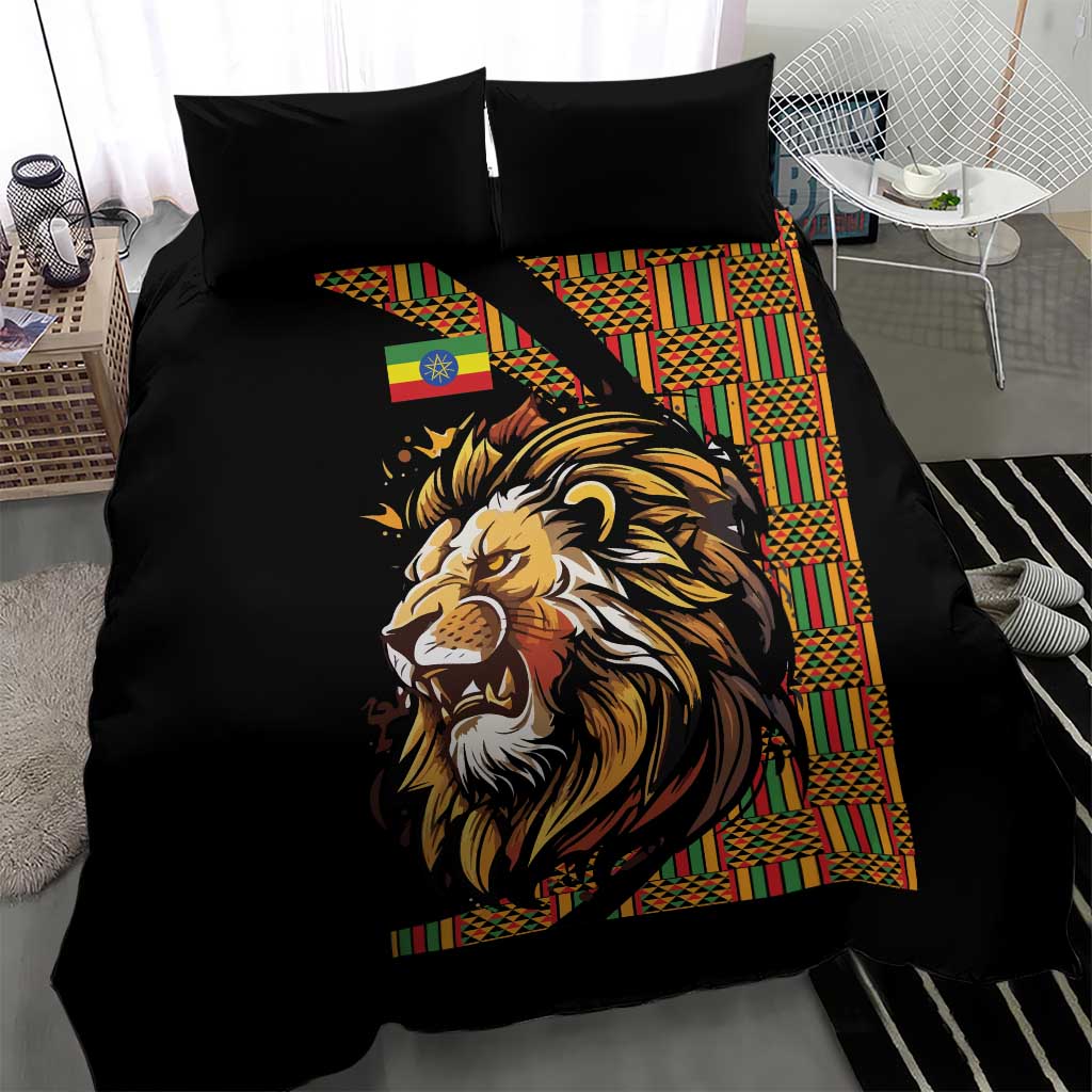 Black bedding set with lion head graphic and colorful vertical geometric panel