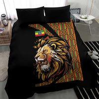 Black bedding set with lion head graphic and colorful vertical geometric panel