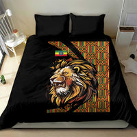 Black bedding set with lion face design and colorful geometric Ethiopian pattern
