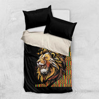 Black bedding set with lion face print and colorful geometric panel on duvet