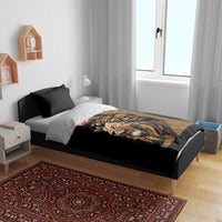 Black bedding set with lion face artwork and colorful geometric Ethiopian pattern
