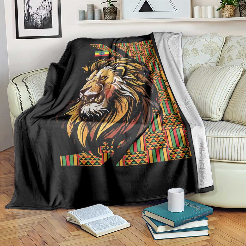 Black lion throw blanket draped over couch with colorful patterned side panel