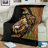 Black lion graphic throw blanket with colorful vertical striped pattern and border