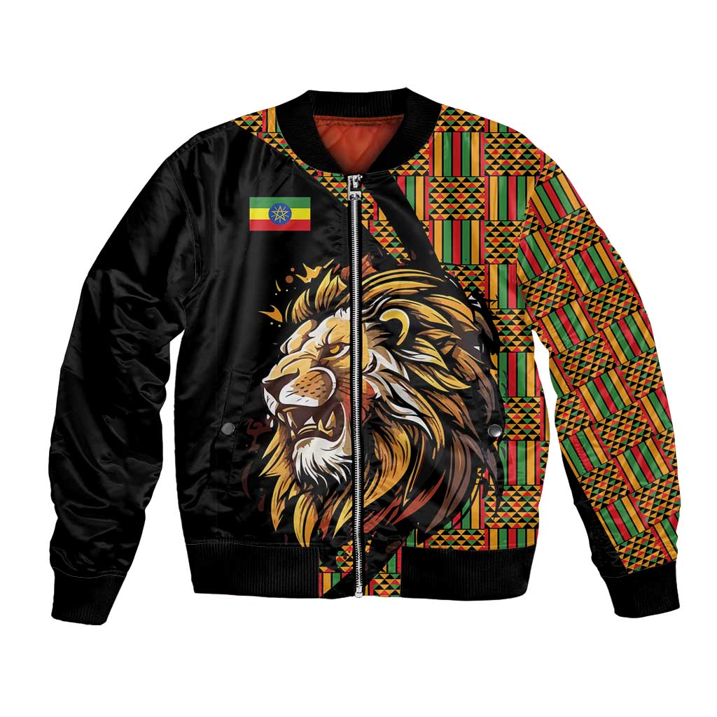 Black bomber jacket with lion front graphic, Ethiopian flag patch, ribbed cuffs
