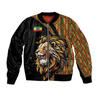 Black bomber jacket with lion front graphic, Ethiopian flag patch, ribbed cuffs