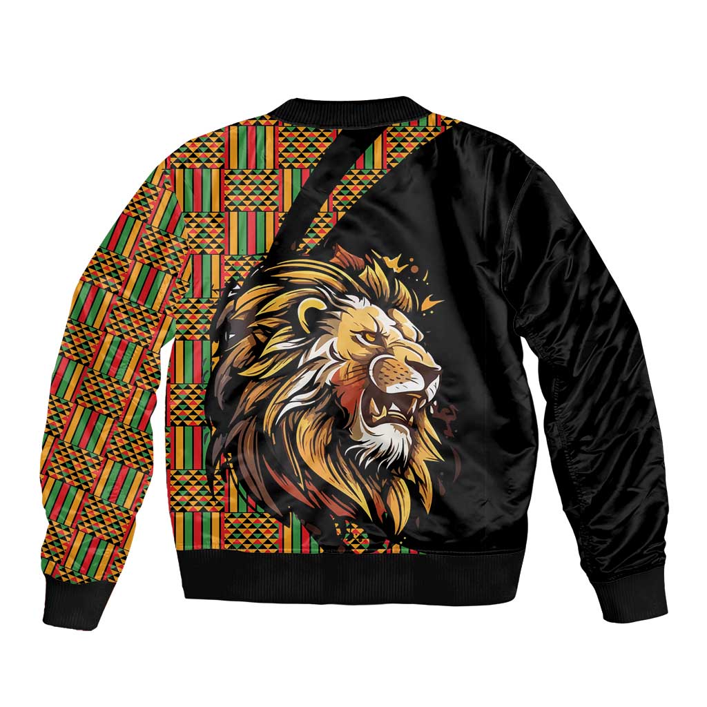 Black bomber jacket back with large lion face print and colorful geometric sleeve panels