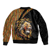 Black bomber jacket back with large lion face print and colorful geometric sleeve panels