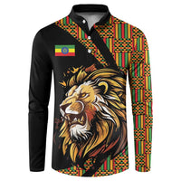 Black button sweatshirt with lion graphic and colorful Ethiopian pattern panels