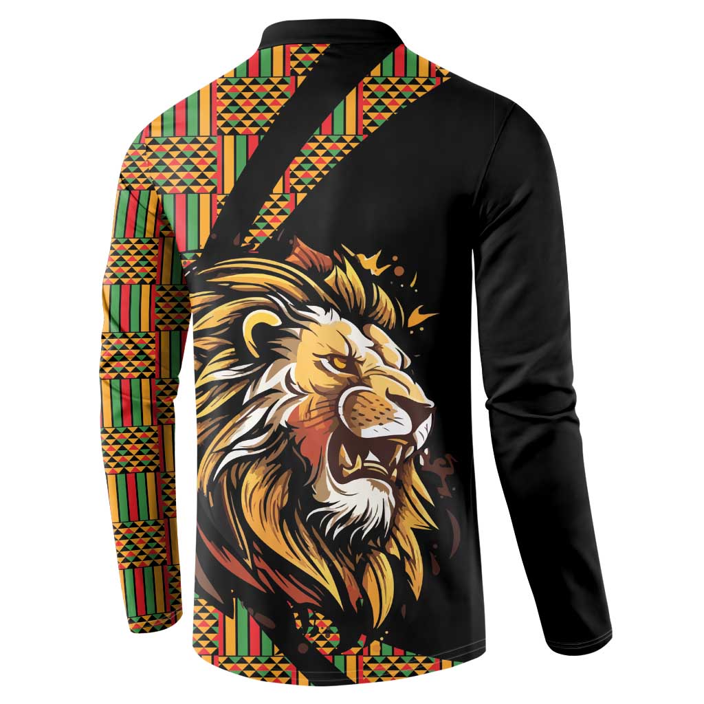 Black button sweatshirt back print of roaring lion with colorful patterned side panels