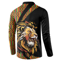 Black button sweatshirt back print of roaring lion with colorful patterned side panels