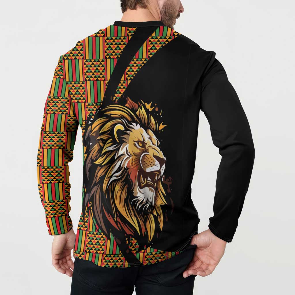 Black button sweatshirt back view, lion artwork with colorful patterned trim down sleeves