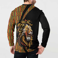 Black button sweatshirt back view, lion artwork with colorful patterned trim down sleeves