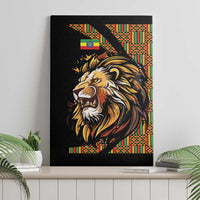 Black canvas wall art featuring a lion head with colorful Ethiopian pattern panel