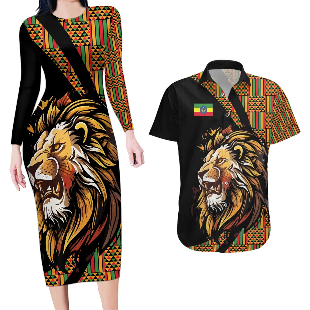 Ethiopia Couples Matching Long Sleeve Bodycon Dress and Hawaiian Shirt Ethiopian Lion Style Pattern