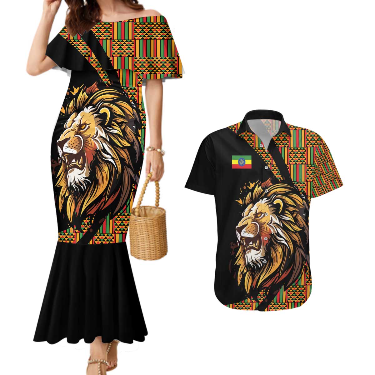 Ethiopia Couples Matching Mermaid Dress and Hawaiian Shirt Ethiopian Lion Style Pattern