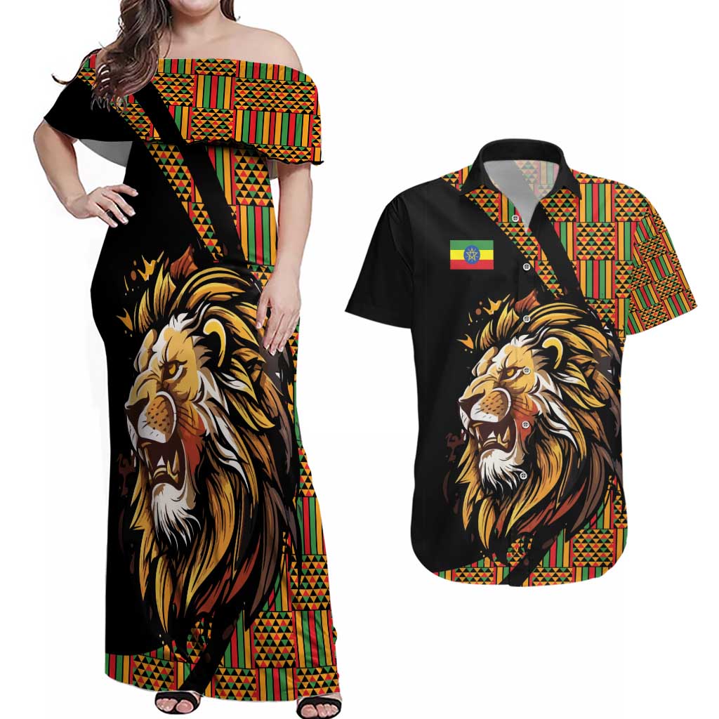 Ethiopia Couples Matching Off Shoulder Maxi Dress and Hawaiian Shirt Ethiopian Lion Style Pattern