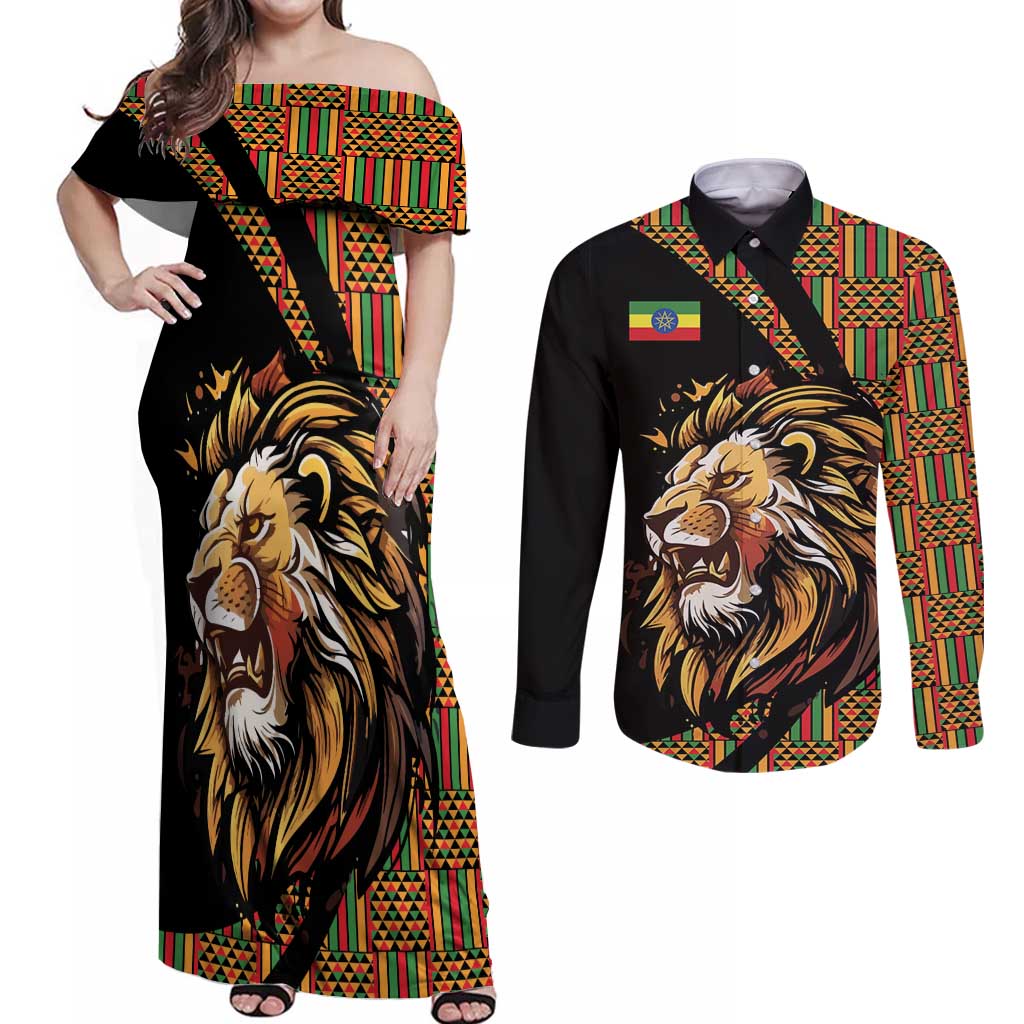 Ethiopia Couples Matching Off Shoulder Maxi Dress and Long Sleeve Button Shirt Ethiopian Lion Style Pattern