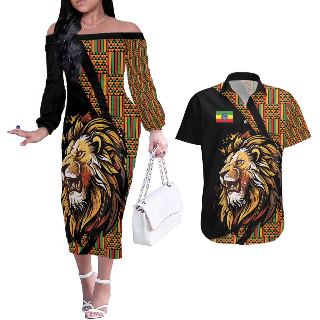 Ethiopia Couples Matching Off The Shoulder Long Sleeve Dress and Hawaiian Shirt Ethiopian Lion Style Pattern